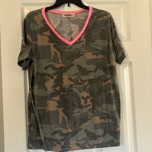 4/$20 Cute and comfy camo v-neck tee with hot pink trim.